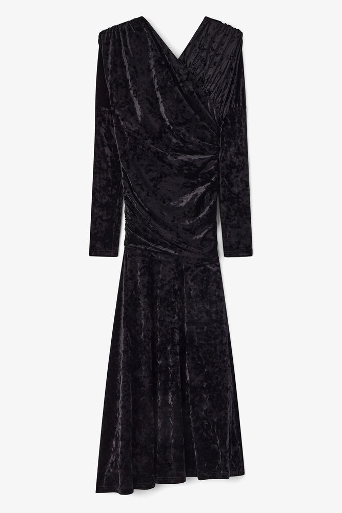 Black Velour Ruched Dress, Black