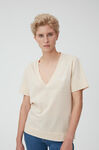 Thin Software Lurex Jersey V-neck T-shirt, Cotton, in colour Brazilian Sand - 1 - GANNI