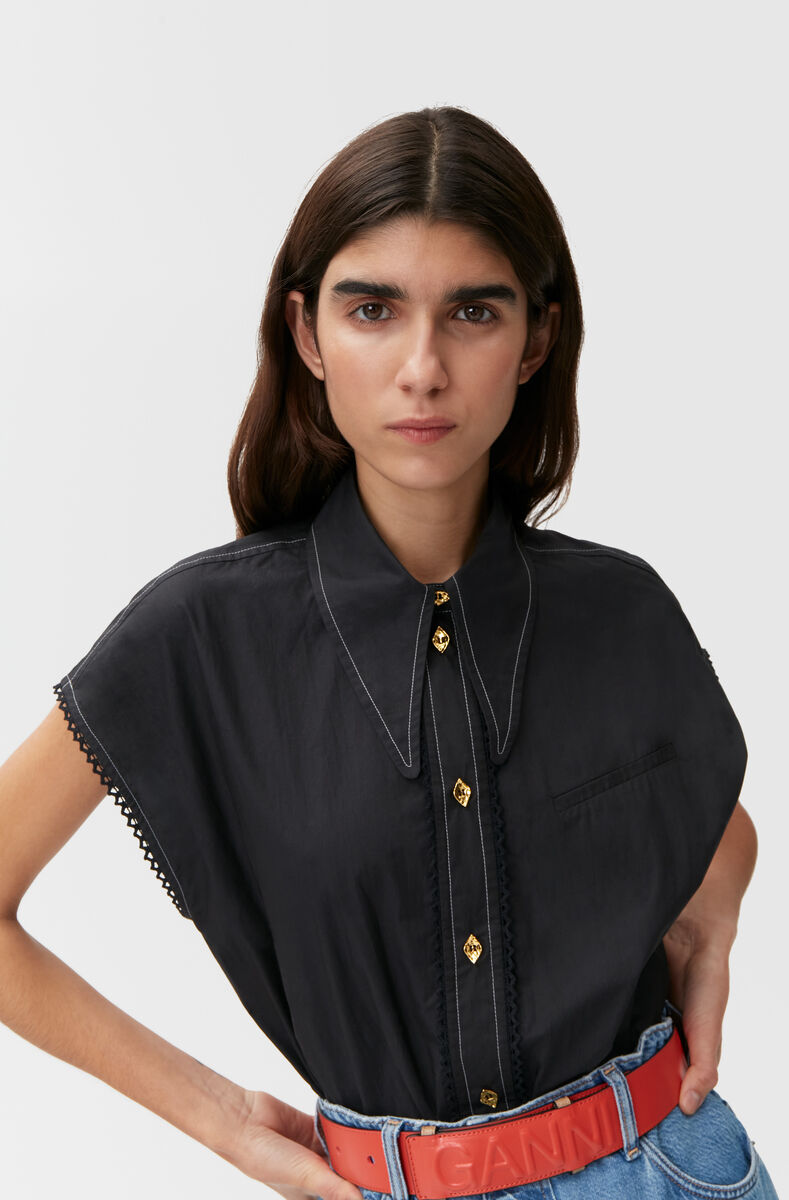 Skjorte i bomuldspoplin, Cotton, in colour Black - 4 - GANNI