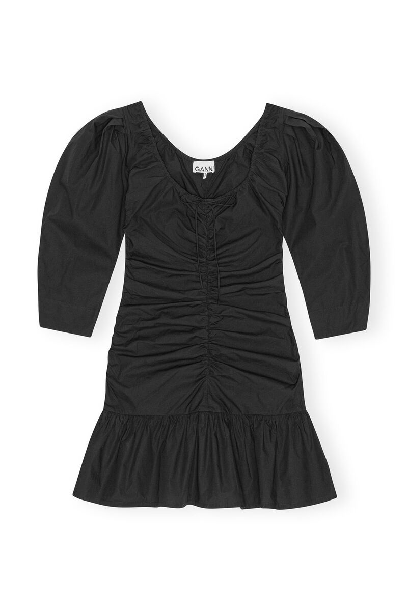 Black Cotton Poplin Gathered U-neck Mini Dress, Cotton, in colour Black - 1 - GANNI