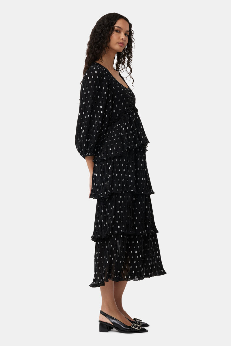 Black Pleated Georgette Flounce Smock Midi Dress, Recycled Polyester, in colour Black - 3 - GANNI