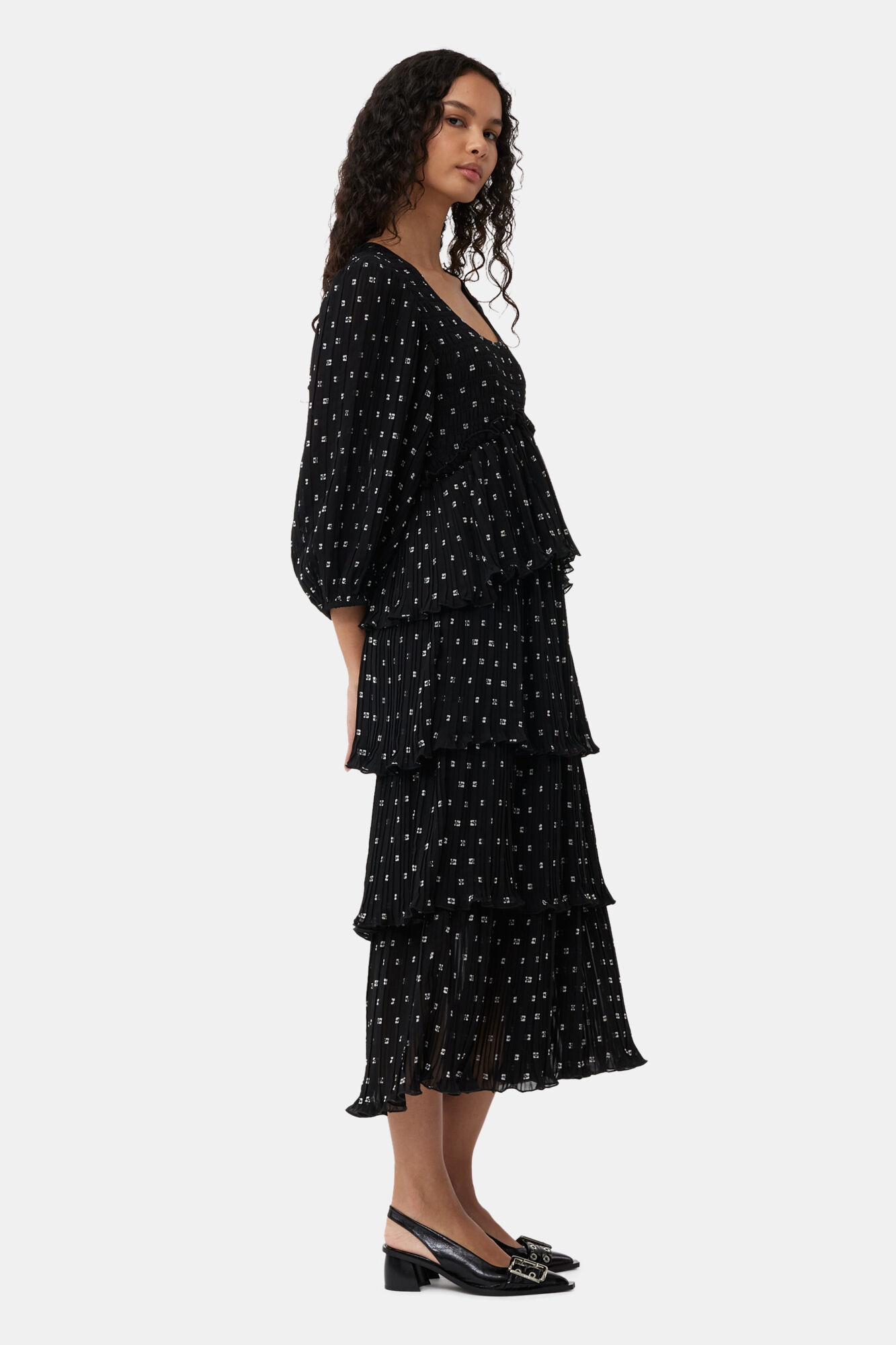 Black Pleated Georgette Flounce Smock Midi Dress, Recycled Polyester, in colour Black - 3 - GANNI