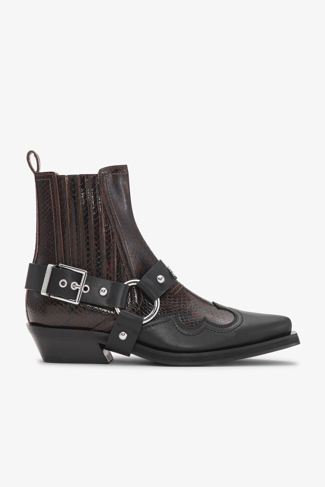 Dark Burgundy Low Cut Western Chelsea Boots, Black/Dark Burgundy