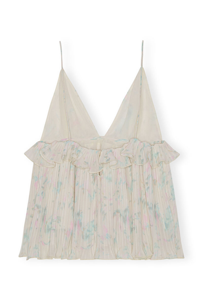 Floral Printed Pleated Georgette Strap topp, Recycled Polyester, in colour Tofu - 2 - GANNI
