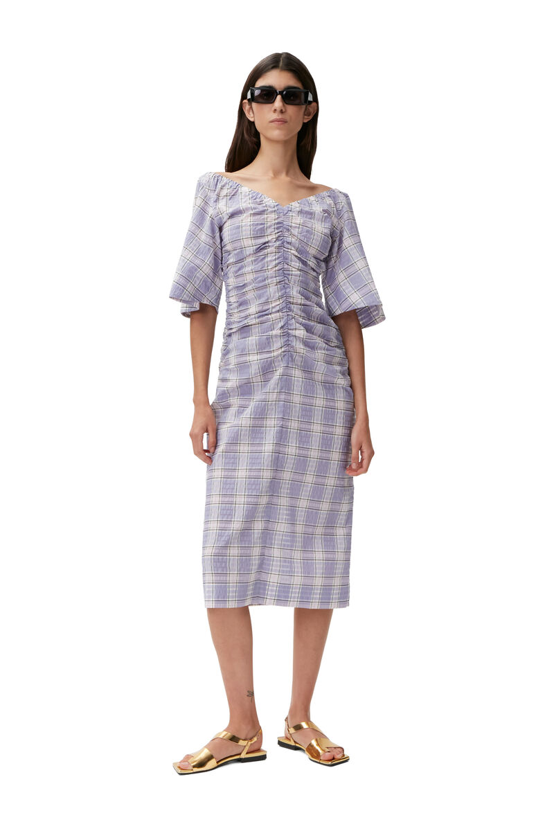 Seersucker Midi Dress, Organic Cotton, in colour Check Persian Violet - 4 - GANNI