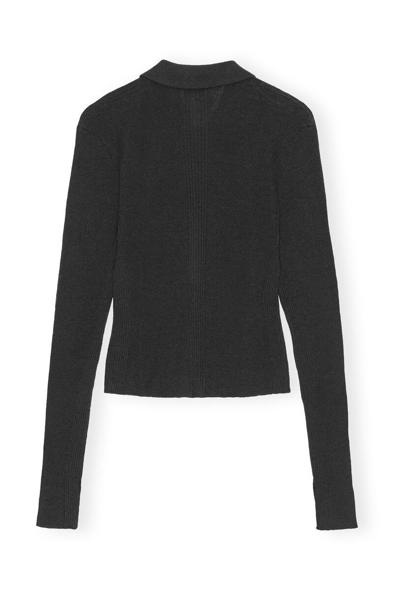 Black Ribbed Merino Polo Blouse, Merino Wool, in colour Black - 2 - GANNI