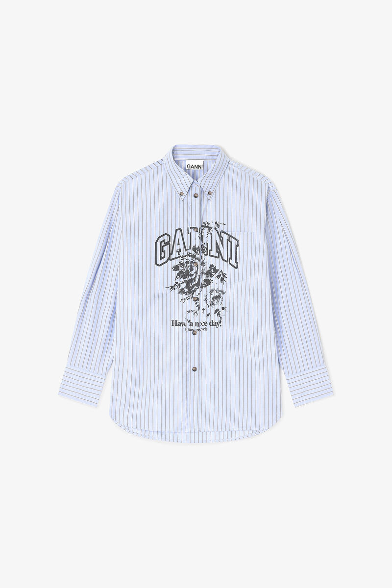 Blue Stripe Logo Shirt, Organic Cotton, in colour Lavender Lustre - 1 - GANNI