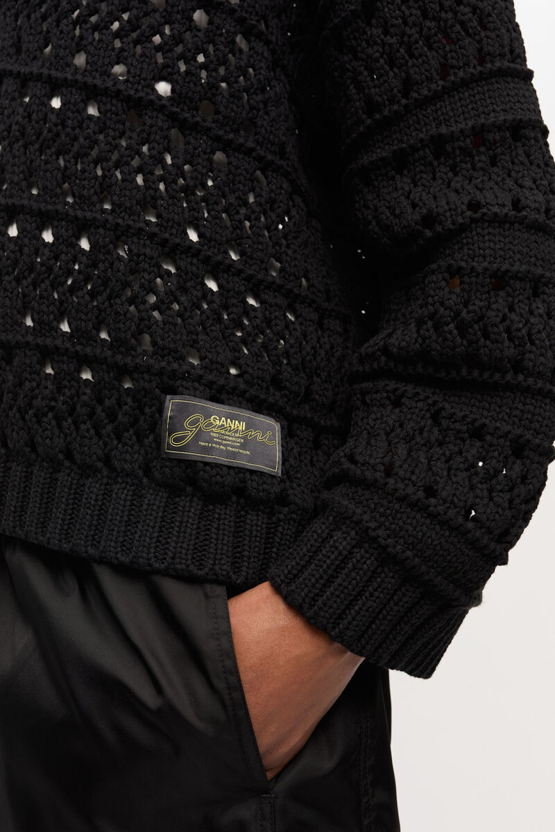 Black Crochet V-neck Jumper, Recycled Cotton, in colour Black - 4 - GANNI