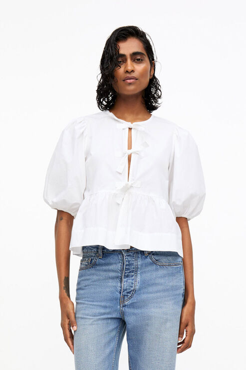 Ganni Cotton Poplin Peplum Tie Blouse In Bright White Size 24 Women's Organic Cotton