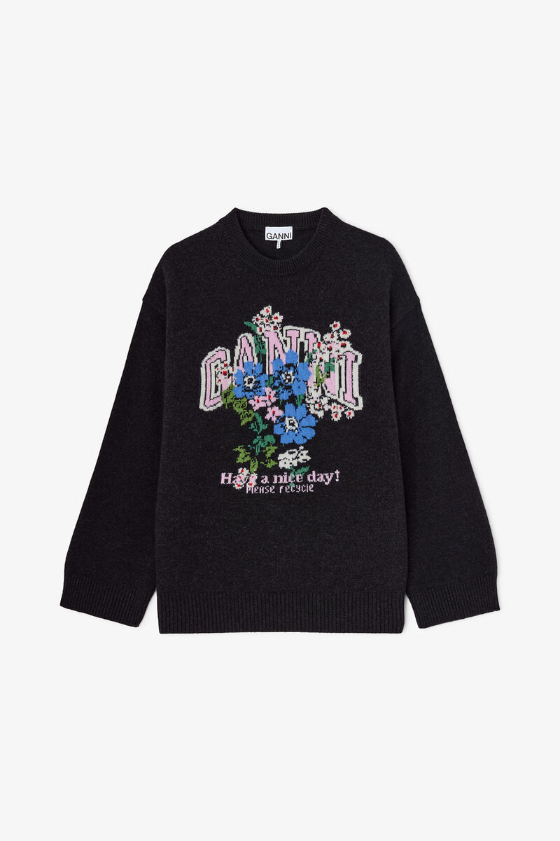 Oversized Jumper with Flowers, Wool, in colour Phantom - 1 - GANNI