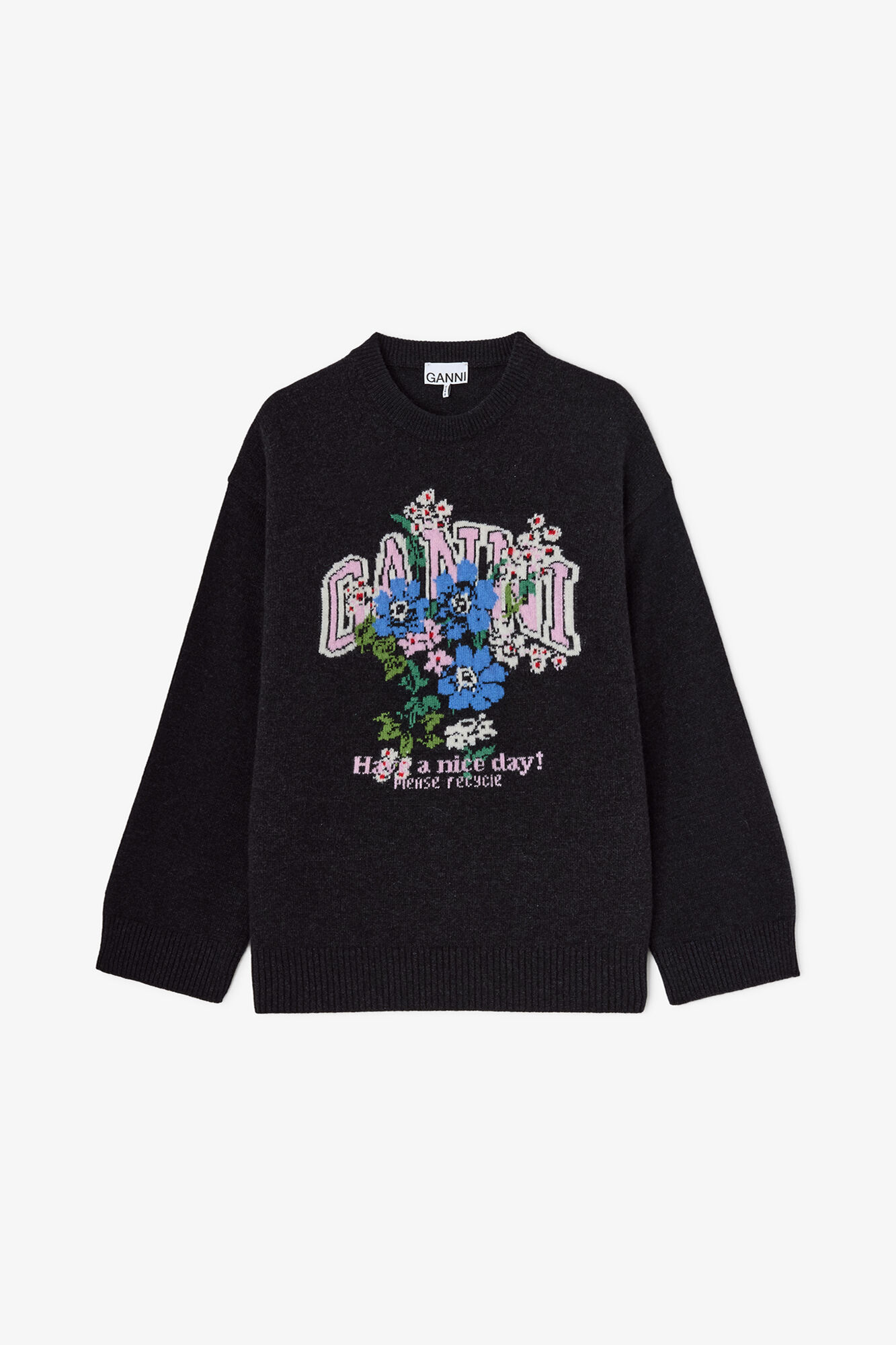 Oversized Jumper with Flowers, Wool, in colour Phantom - 1 - GANNI