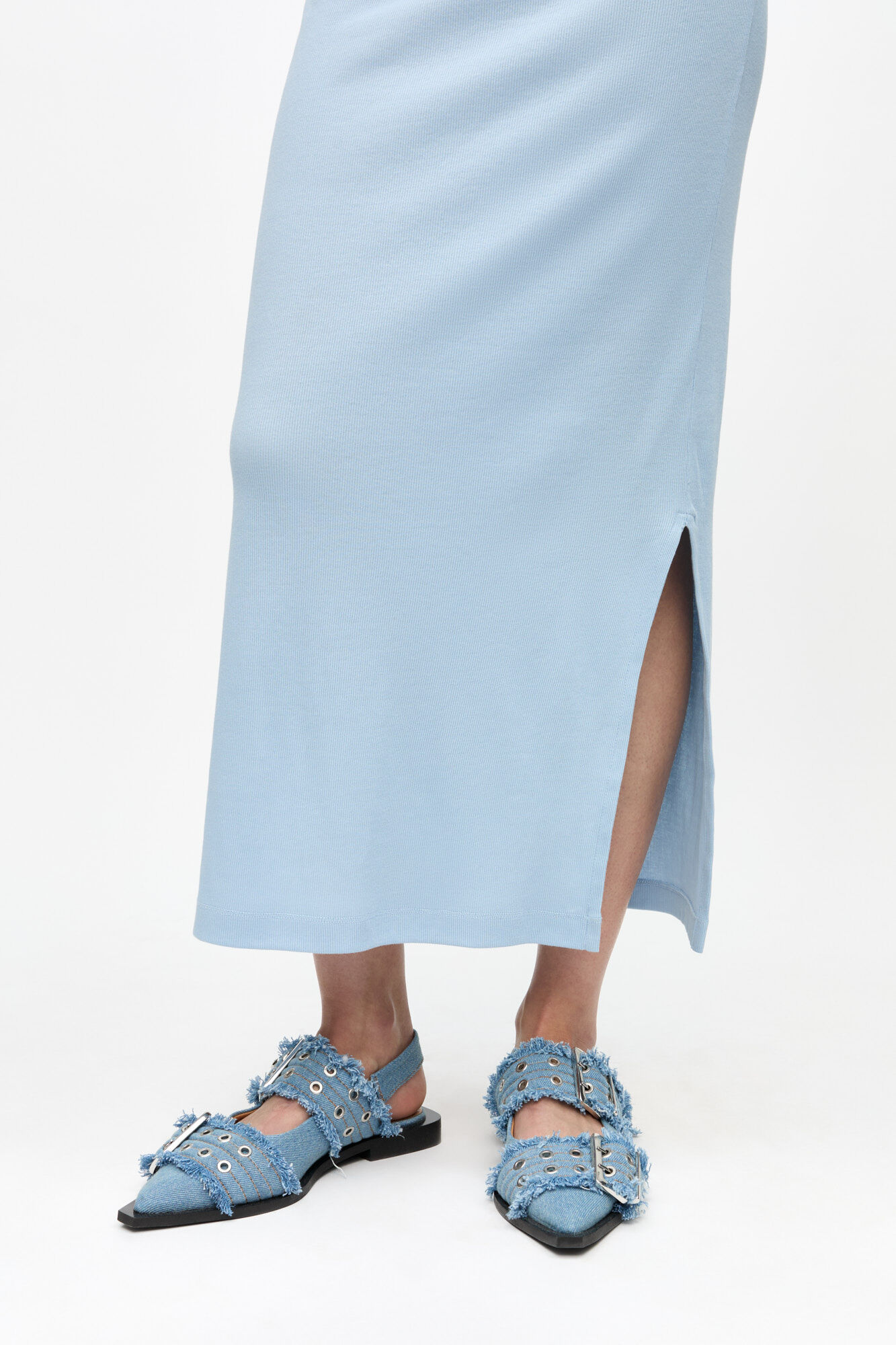 Feminine Buckle Ballerinas in Denim with Charms, Recycled Cotton, in colour Faded Denim - 1 - GANNI