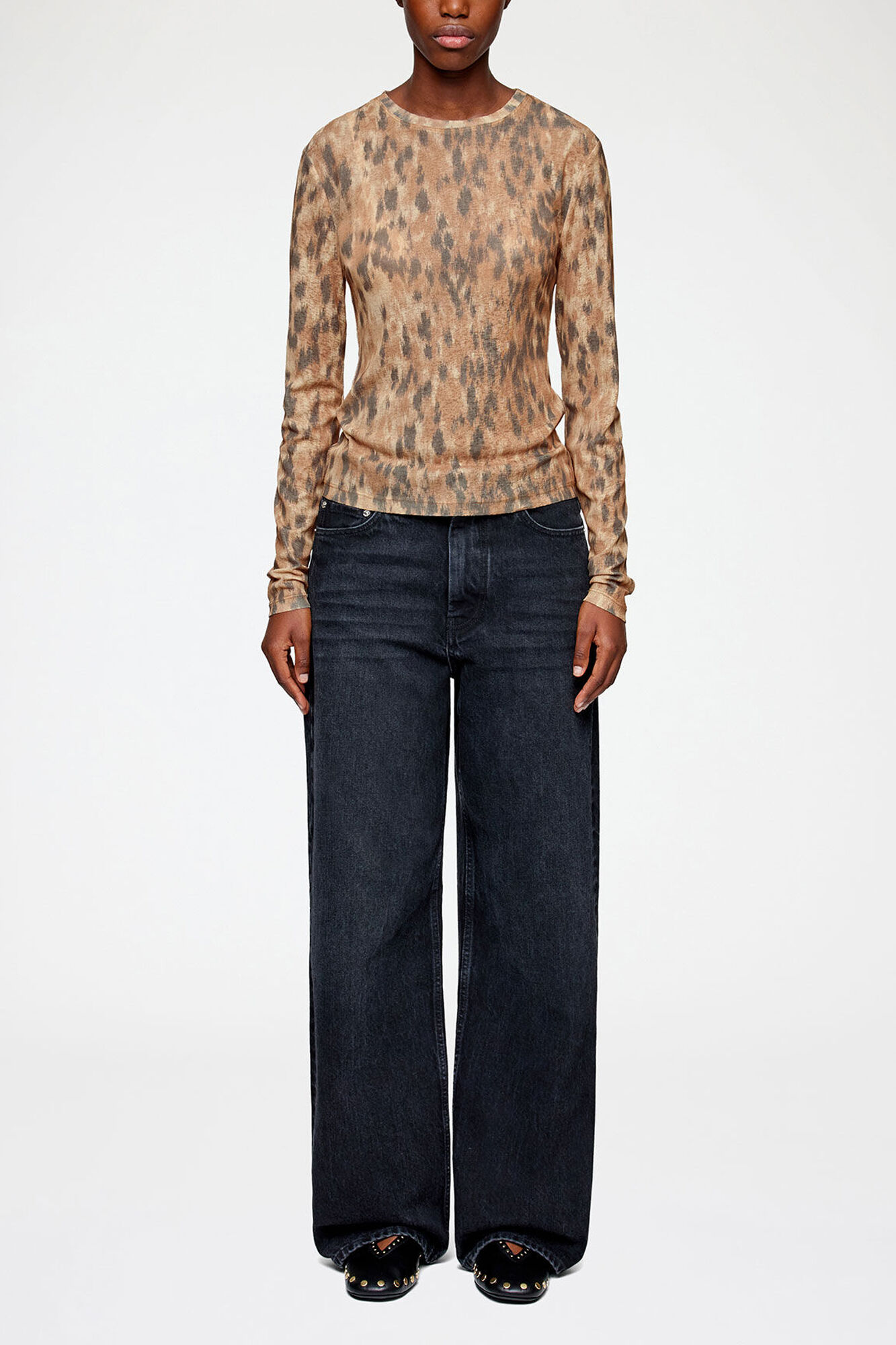 Long-sleeve Top in Printed Marl Mesh, Recycled Polyester, in colour Burro - 1 - GANNI