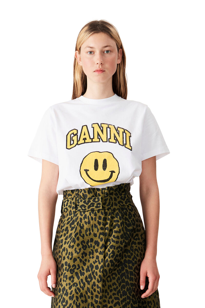 Bright White Basic Cotton Jersey T-Shirt, Smiley Yellow | GANNI NL