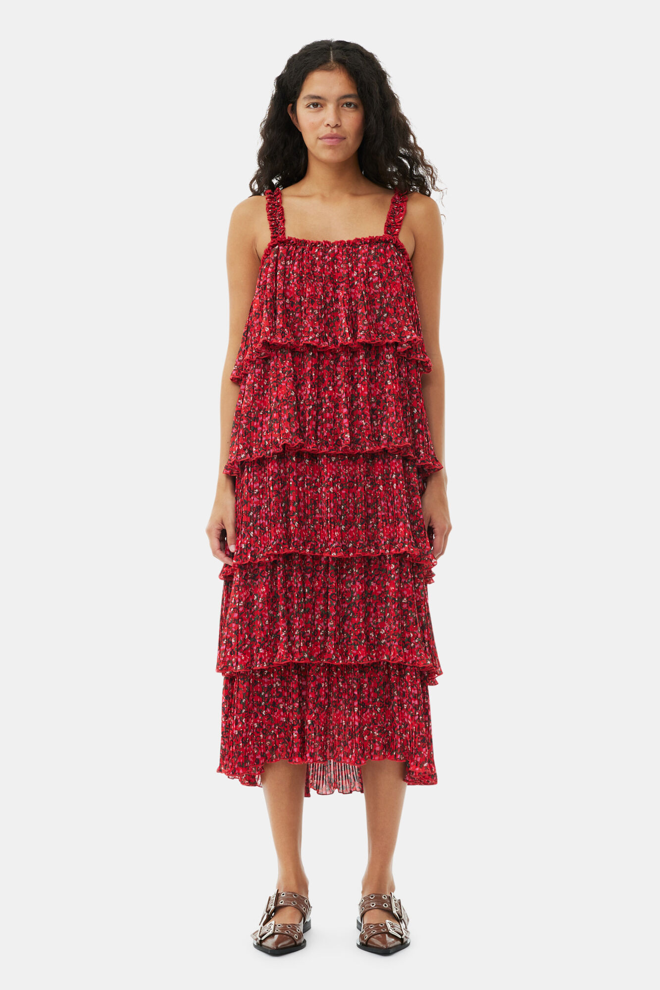 Red Pleated Georgette Flounce Strap Midi Dress, Recycled Polyester, in colour Racing Red - 1 - GANNI