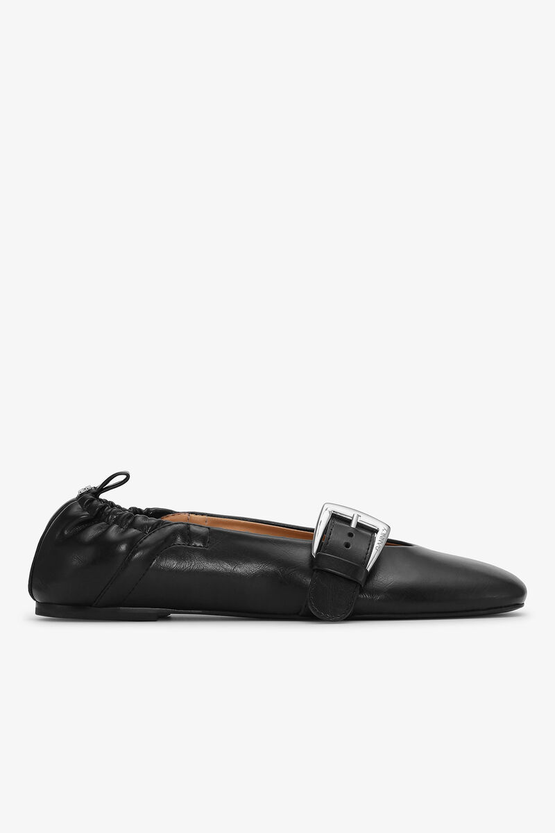 Schwarze Ballerinas mit Schnallenriemen, Cotton, in colour Black - 1 - GANNI