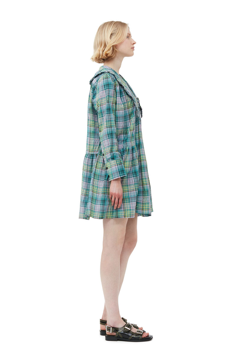 Seersucker Check Wide Shirt Dress, Organic Cotton, in colour Lagoon - 3 - GANNI