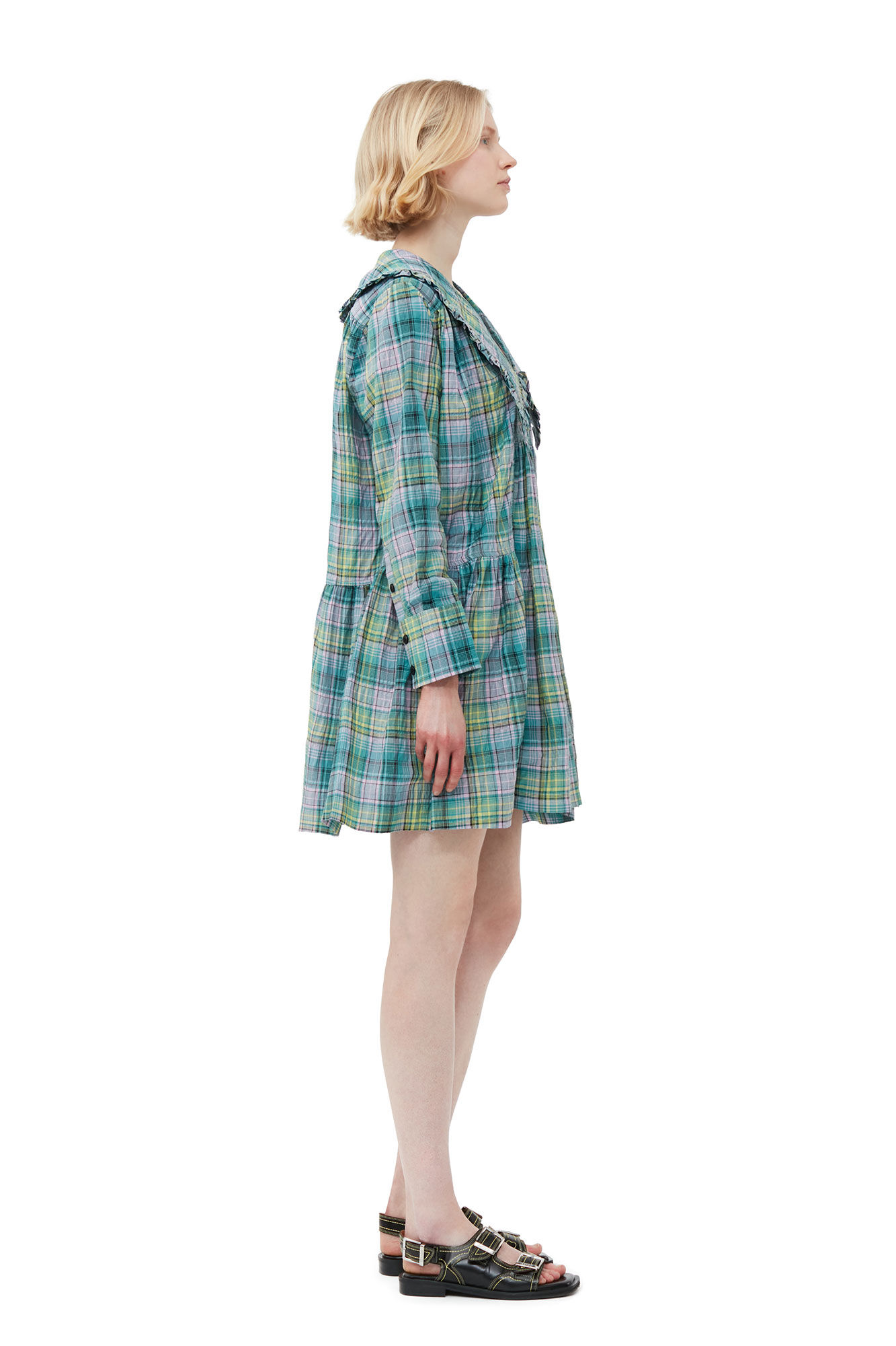 Kariertes, weites Seersucker-Hemdkleid, Organic Cotton, in colour Lagoon - 3 - GANNI