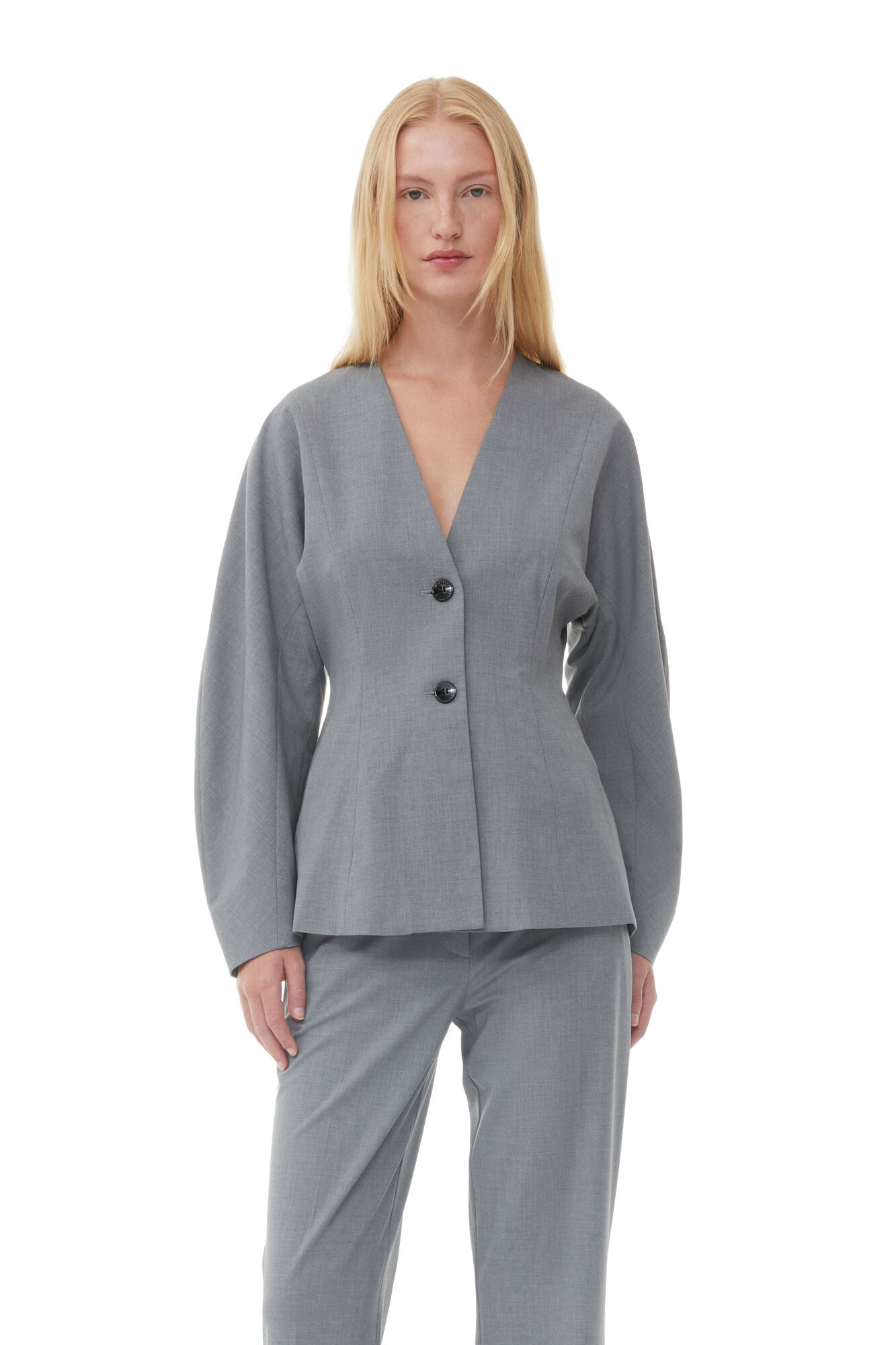 Grey Drapey Melange Fitted Blazer, Elastane, in colour Paloma Melange - 1 - GANNI