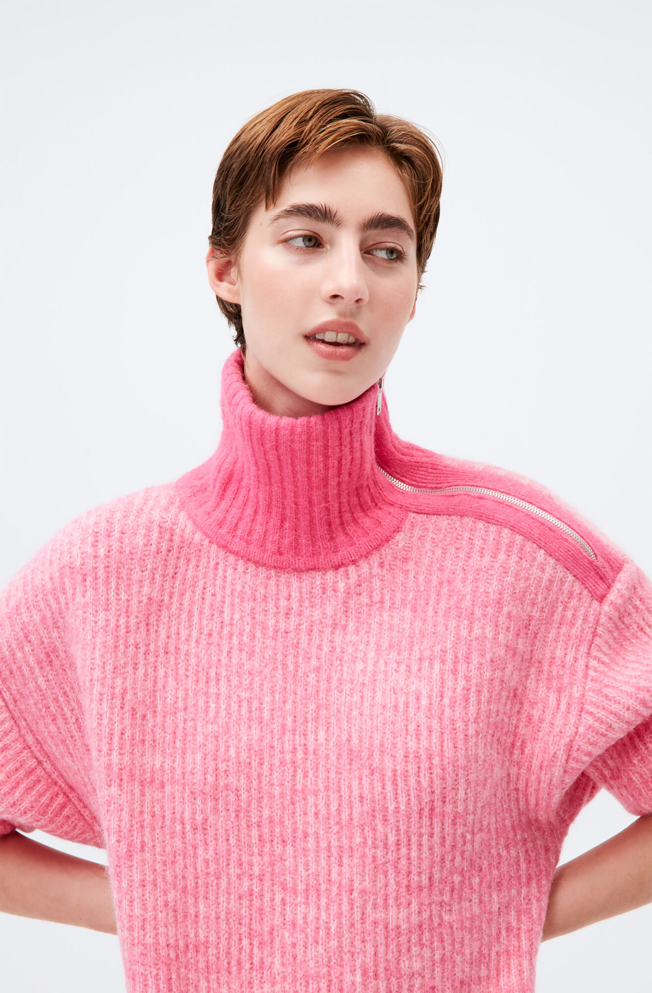Soft Wool Zip-Neck Pullover, Elastane, in colour Carmine Rose - 1 - GANNI