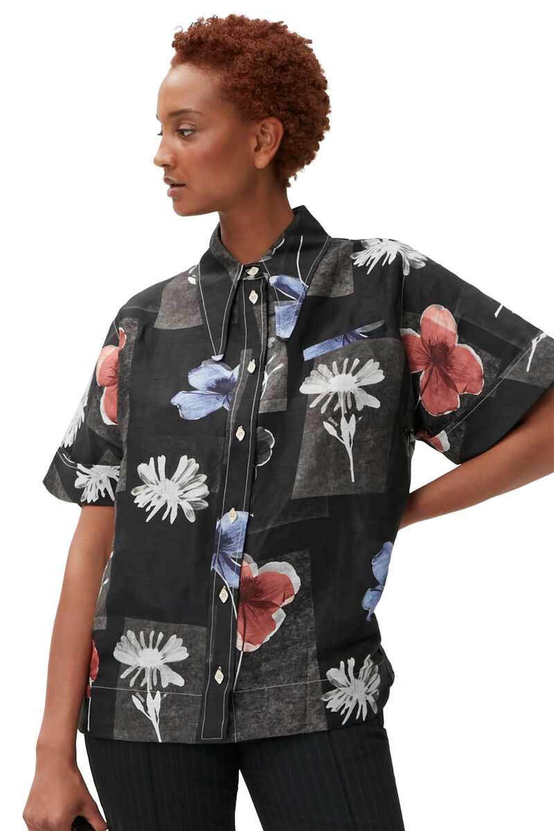 Printed Shirt, Linen, in colour Flowers Black - 1 - GANNI