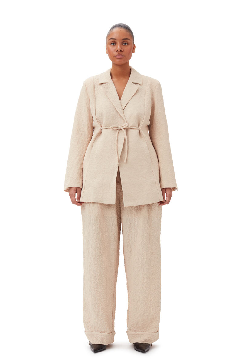 Beige Textured Suiting Mid Waist Hose, Polyester, in colour Oyster Gray - 5 - GANNI