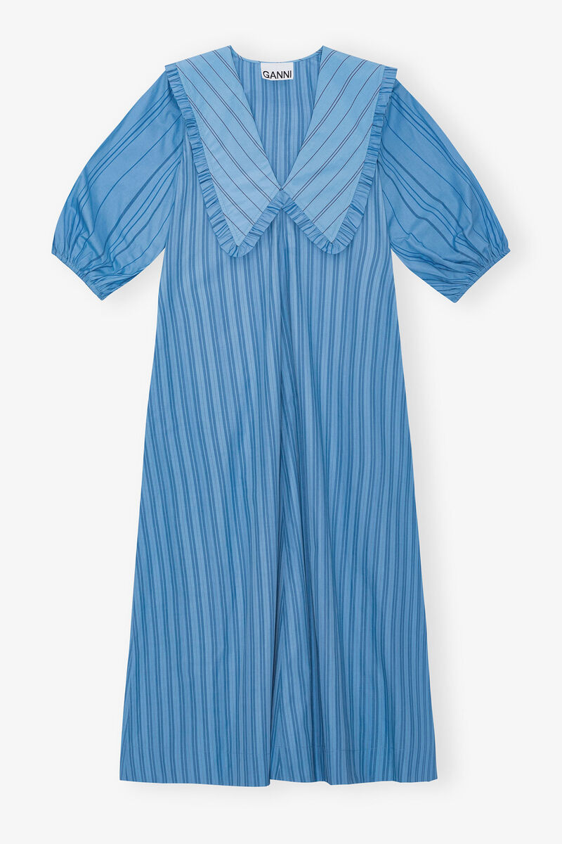 Re-cut Striped Cotton V-Neck Maxi Dress, Organic Cotton, in colour Silver Lake Blue - 1 - GANNI