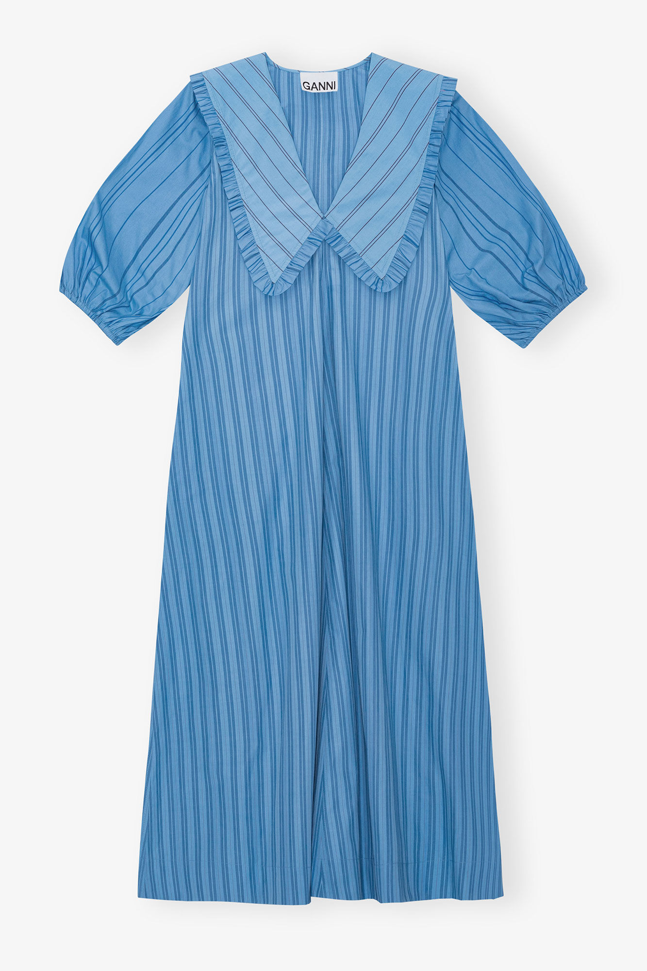 Re-cut Striped Cotton V-Neck Maxi Dress, Organic Cotton, in colour Silver Lake Blue - 1 - GANNI