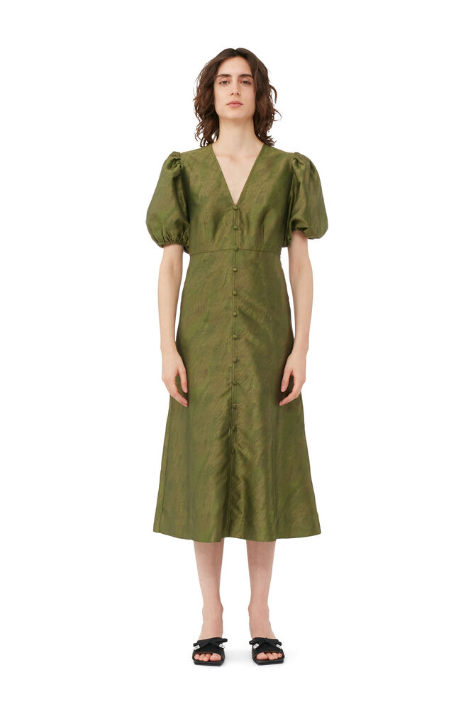 Shiny Jacquard V-neck Midi Dress, Avocado