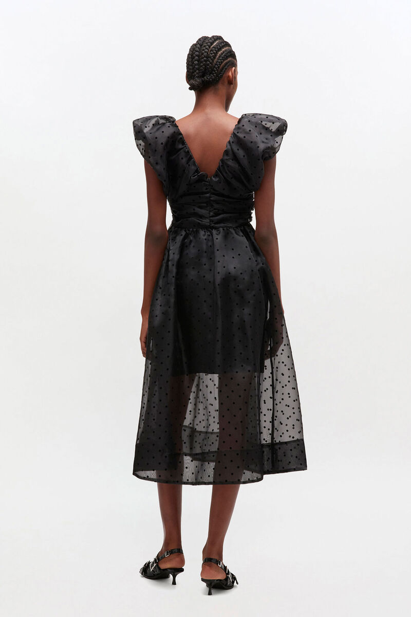 Schwarzes Organza-Kleid mit Rüschen, Recycled Polyester, in colour Jet Black - 2 - GANNI