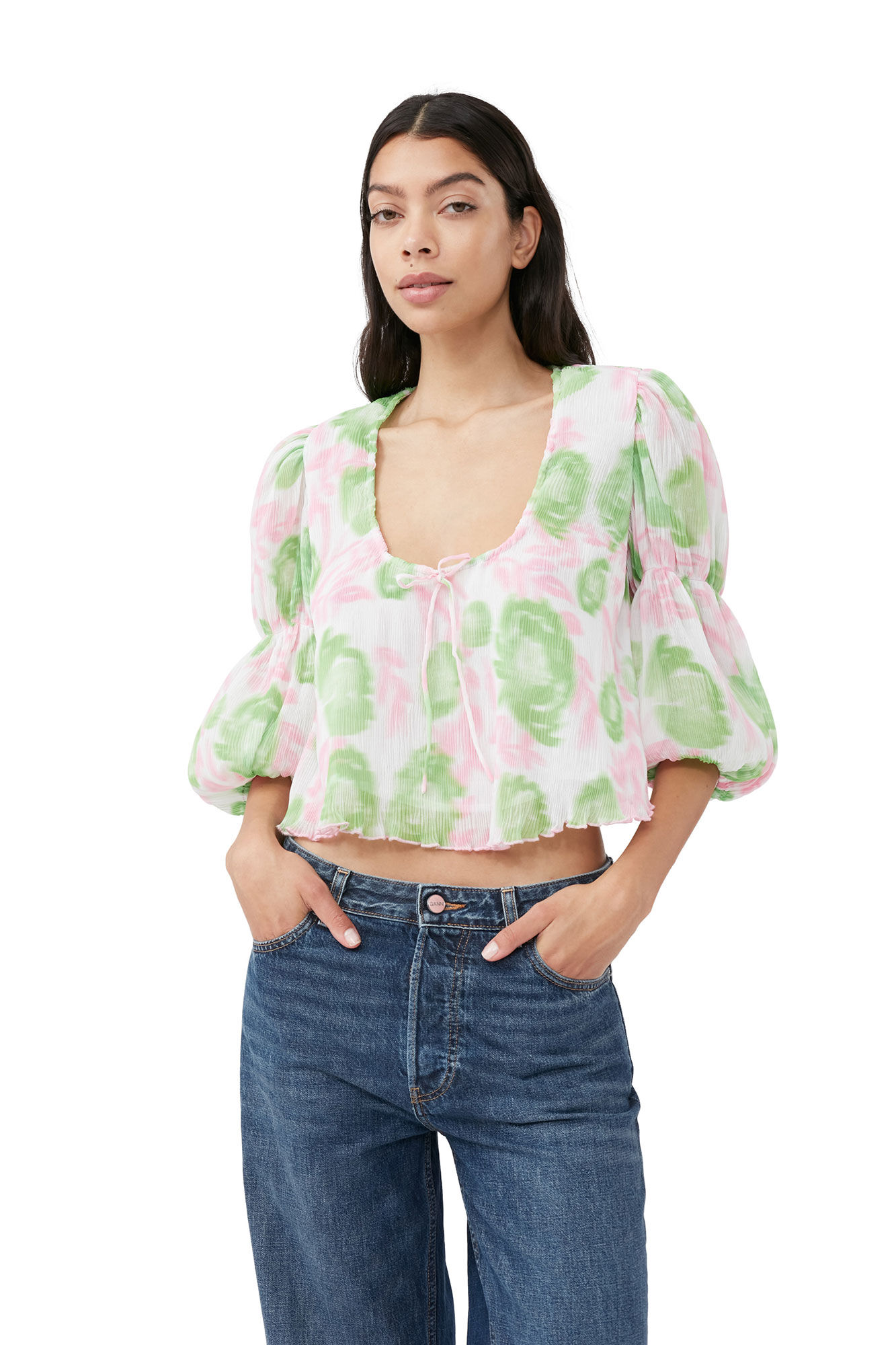 Pleated Georgette U-neck Blouse, Recycled Polyester, in colour Pink Tulle - 4 - GANNI