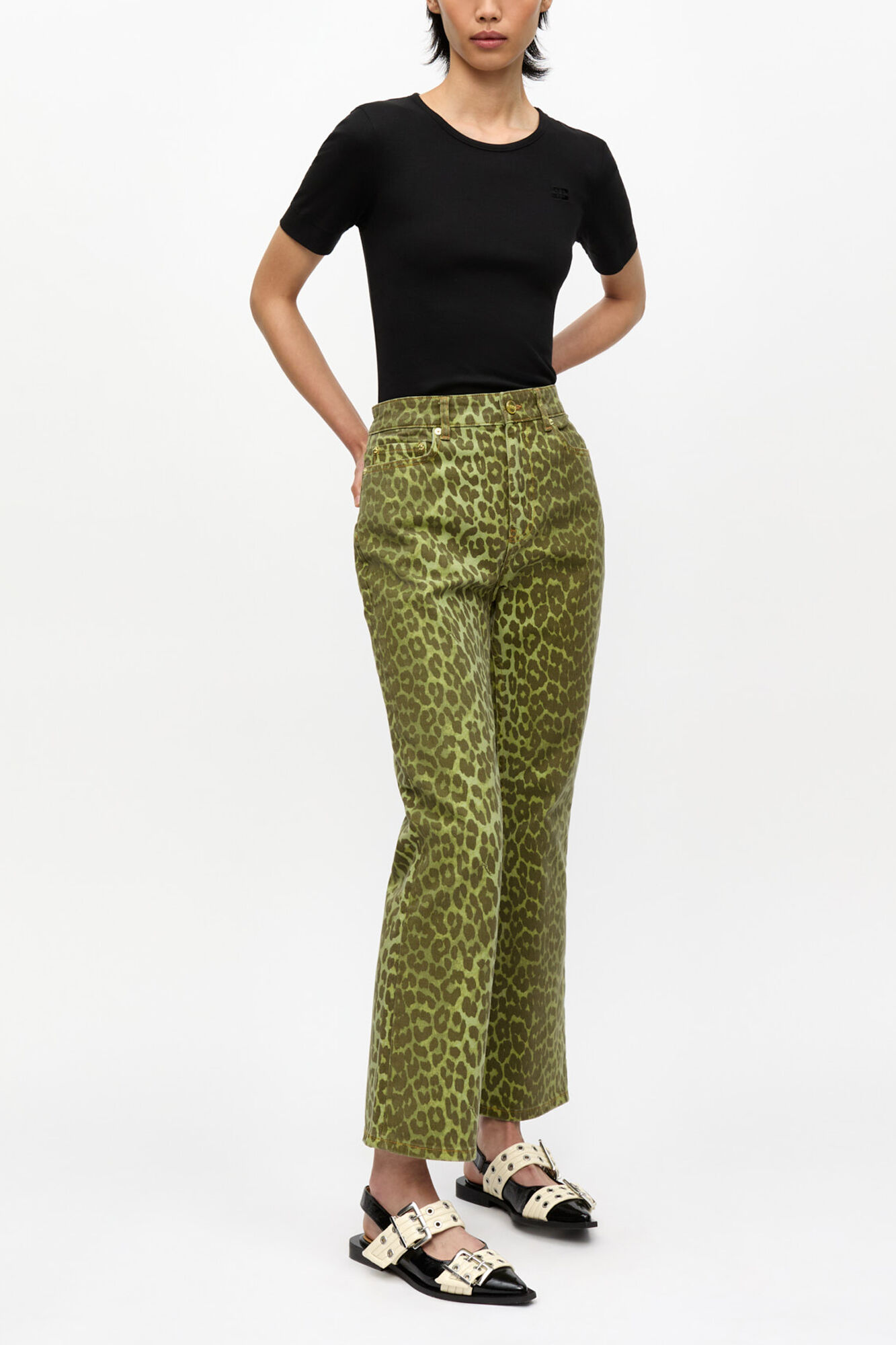 Green Leopard Betzy Jeans, Organic Cotton, in colour Celery - 1 - GANNI