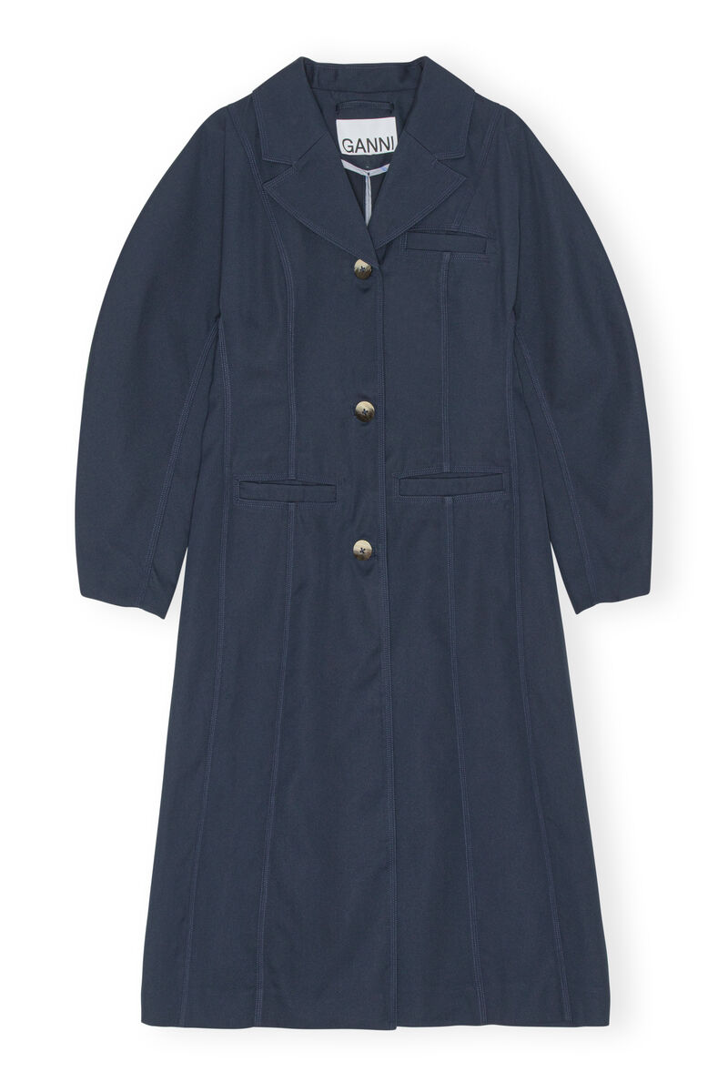Twill Coat, Recycled Polyester, in colour Sky Captain - 1 - GANNI