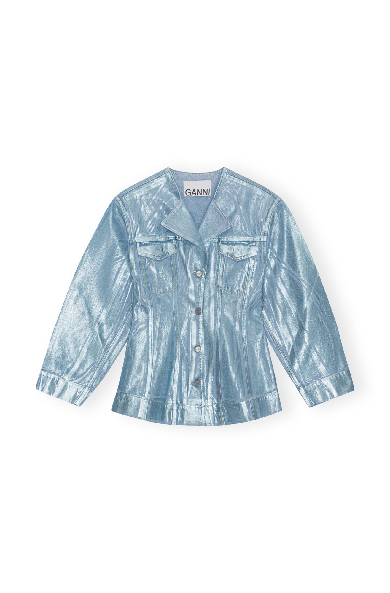 Blue Foil Denim Fitted Blazer, Cotton, in colour Heather - 1 - GANNI