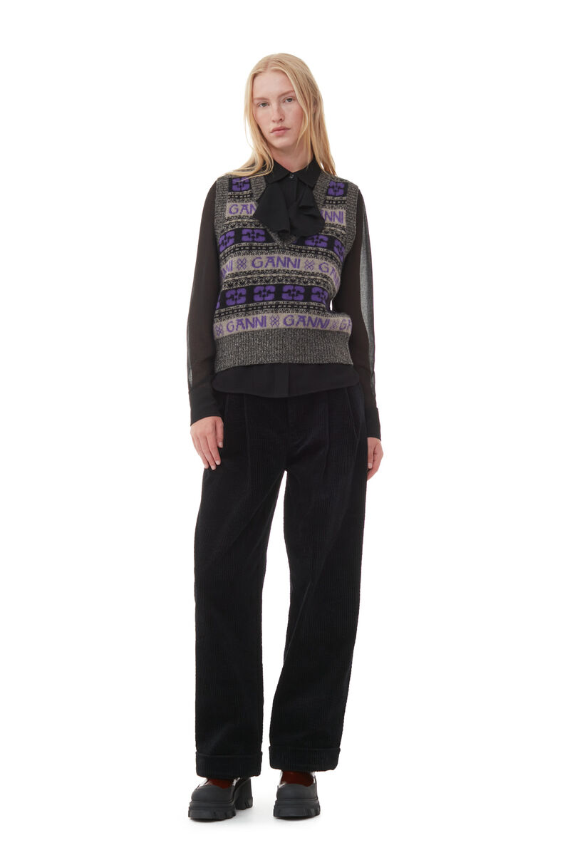 Black Corduroy Loose Pleat Trousers, Elastane, in colour Black - 1 - GANNI
