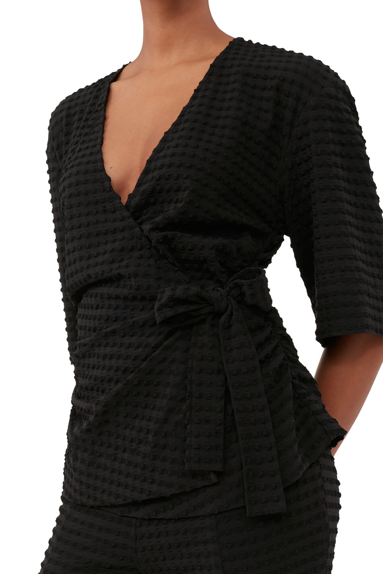 Black Stretch Seersucker Wrap Blouse, Elastane, in colour Black - 4 - GANNI