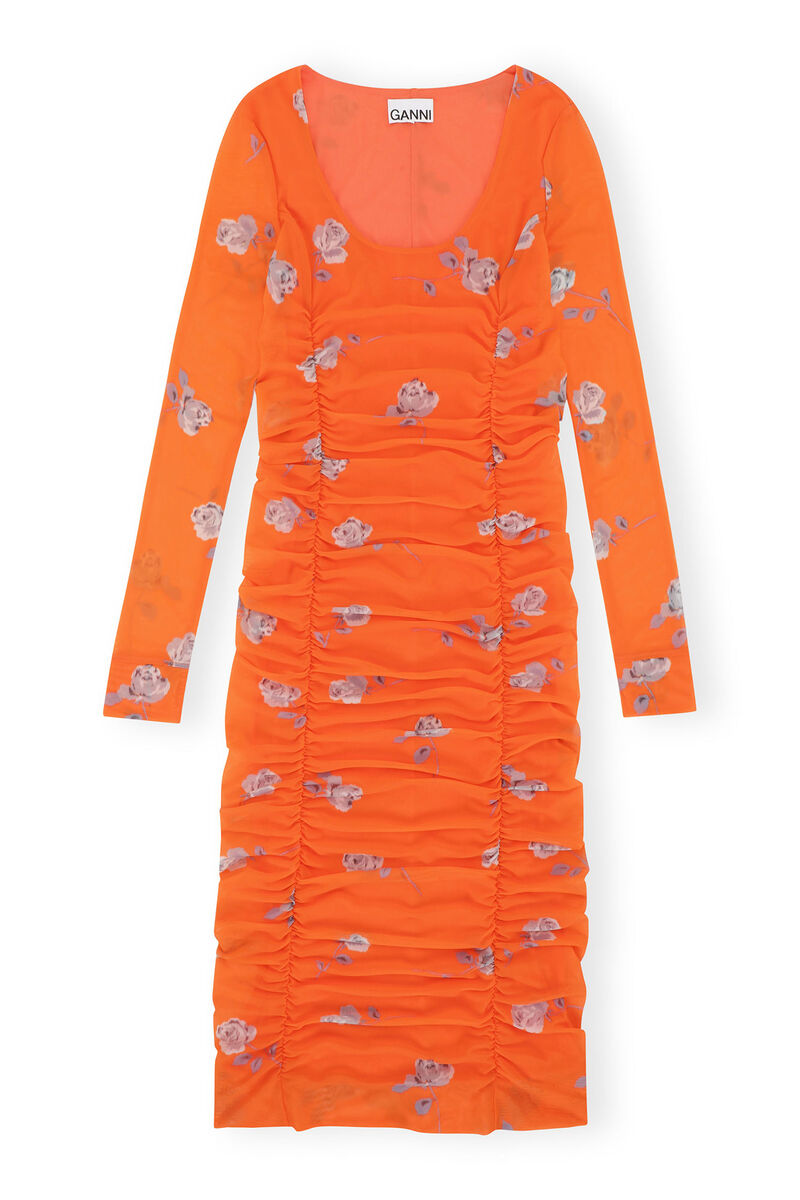 Orange Ruched Mesh Midi Dress, in colour Orangeade - 1 - GANNI