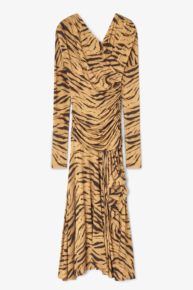 Robe froncée à imprimé tigre, Khaki