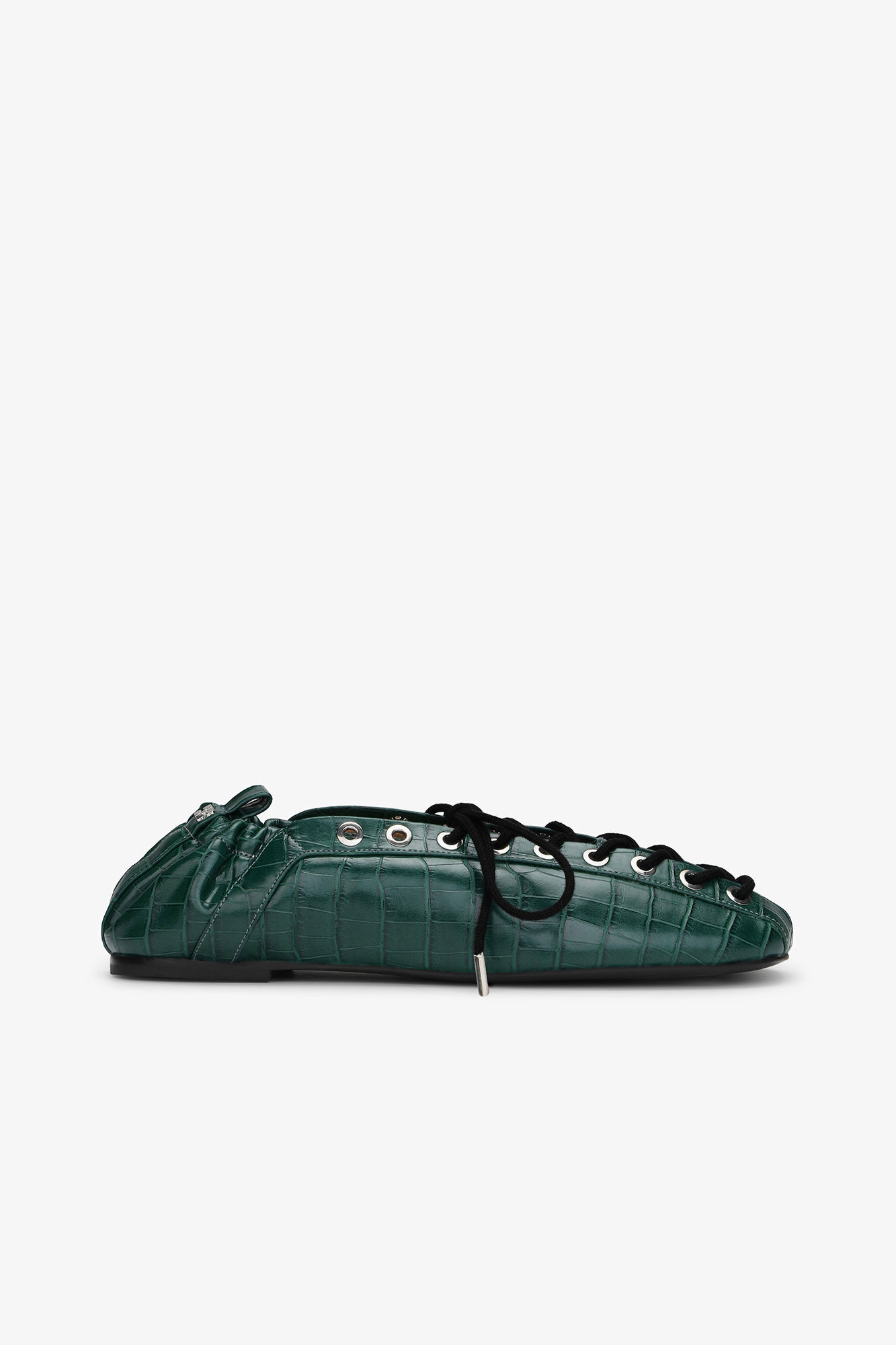 Lace-Up Ballerinas in Green Croco, Recycled Leather, in colour Pineneedle - 1 - GANNI
