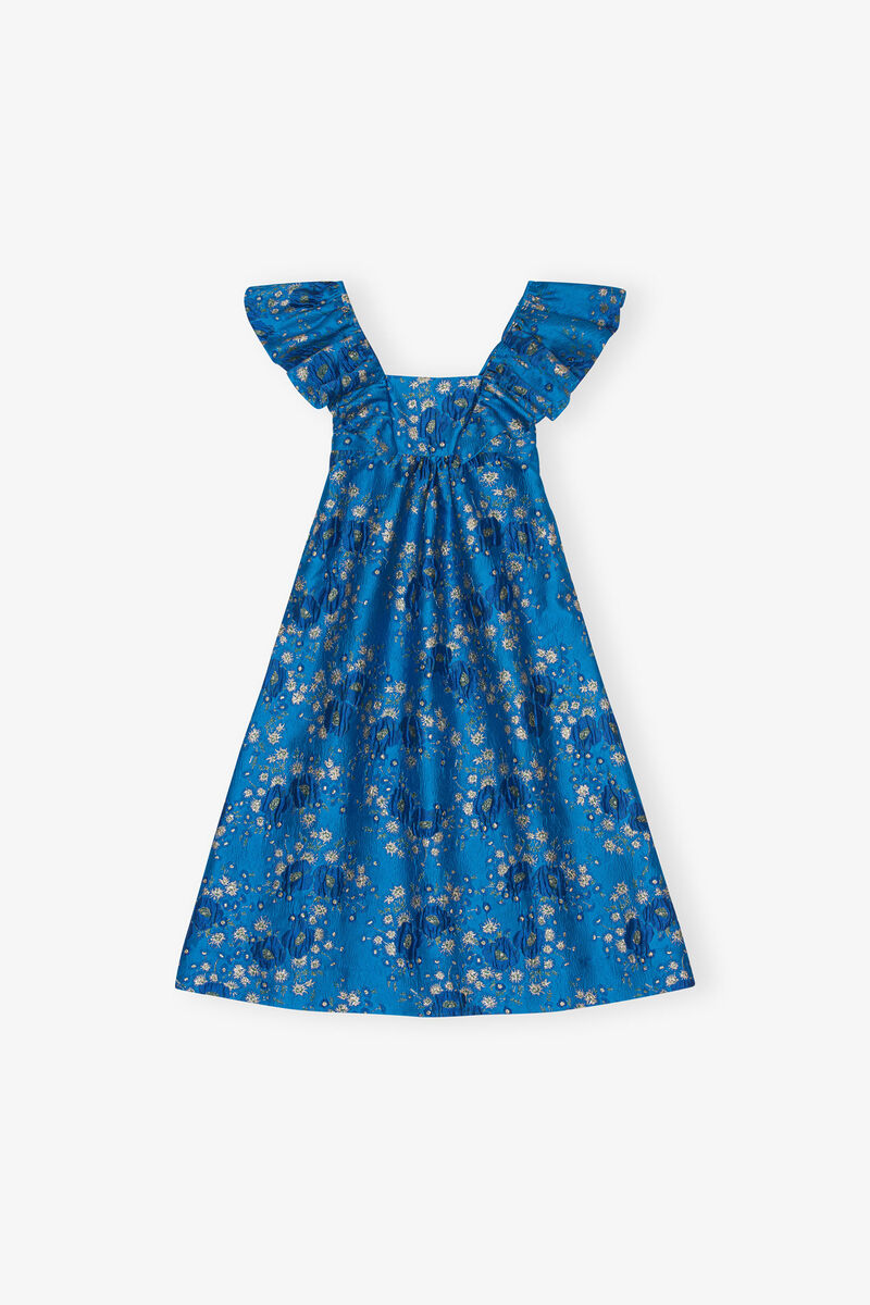 3D Jacquard Ruffle Midi Dress, Recycled Polyester, in colour Brilliant Blue - 1 - GANNI