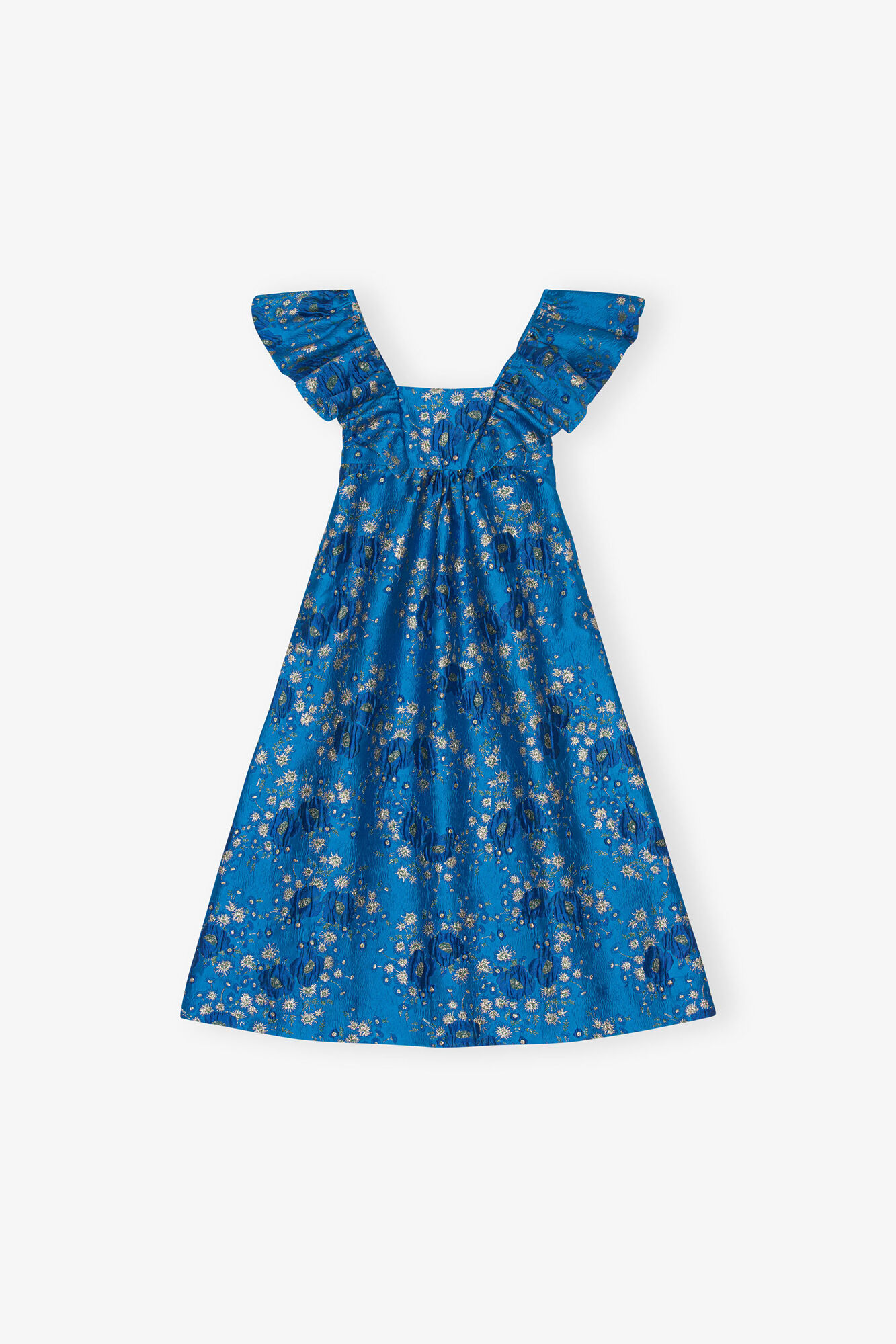 3D Jacquard Ruffle Midi Dress, Recycled Polyester, in colour Brilliant Blue - 1 - GANNI