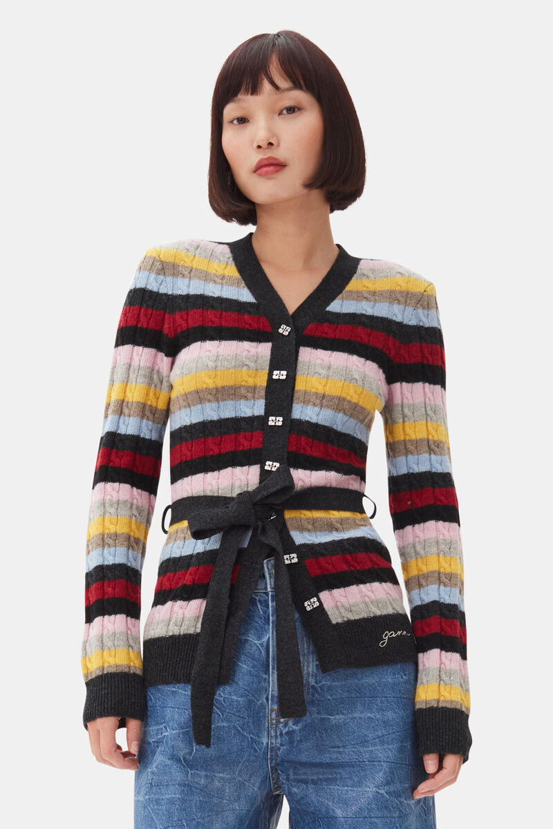 Multicolour Stripe Belt Cardigan, Recycled Polyamide, in colour Multicolour - 1 - GANNI