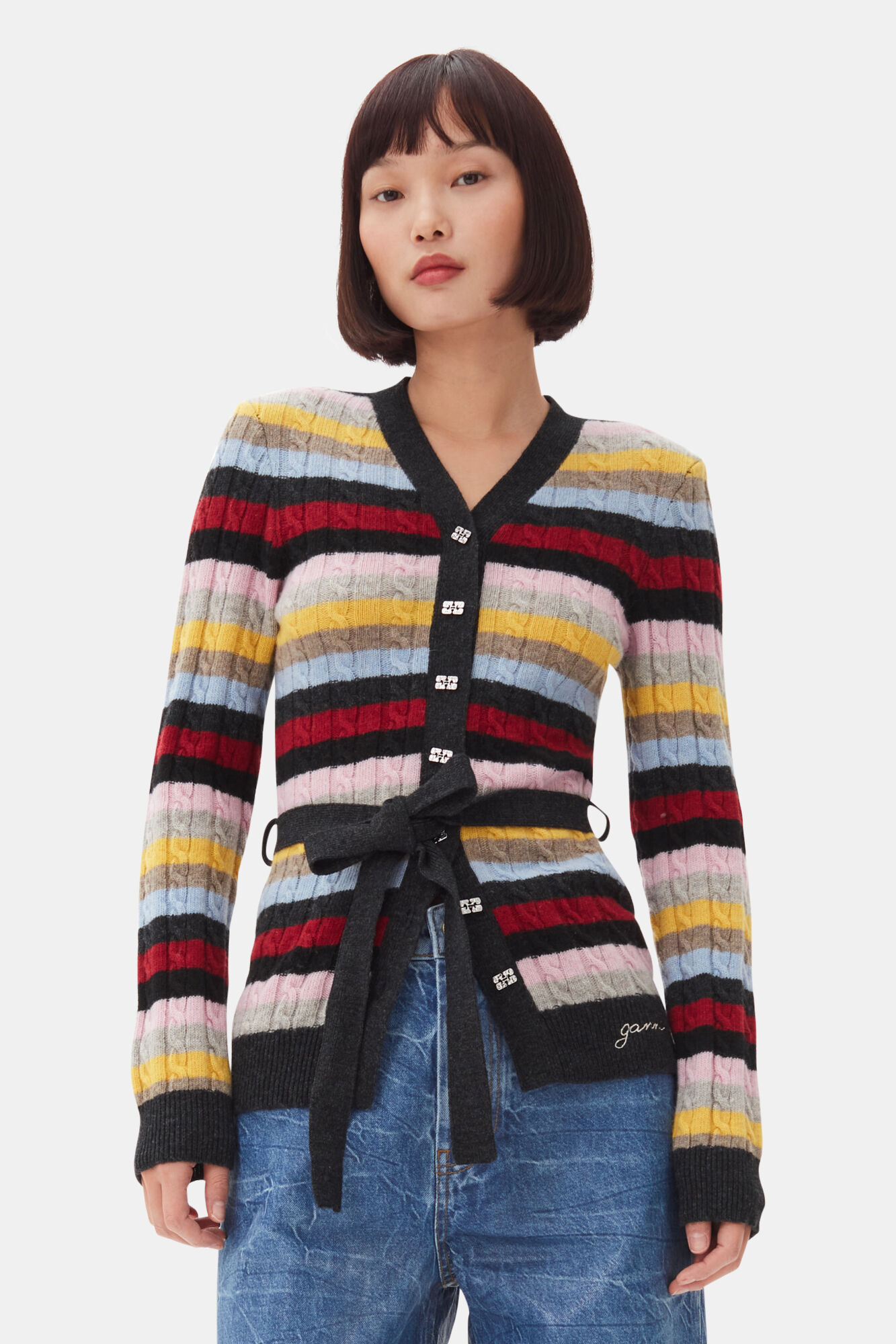 Multicolour Stripe Belt Cardigan, Recycled Polyamide, in colour Multicolour - 1 - GANNI