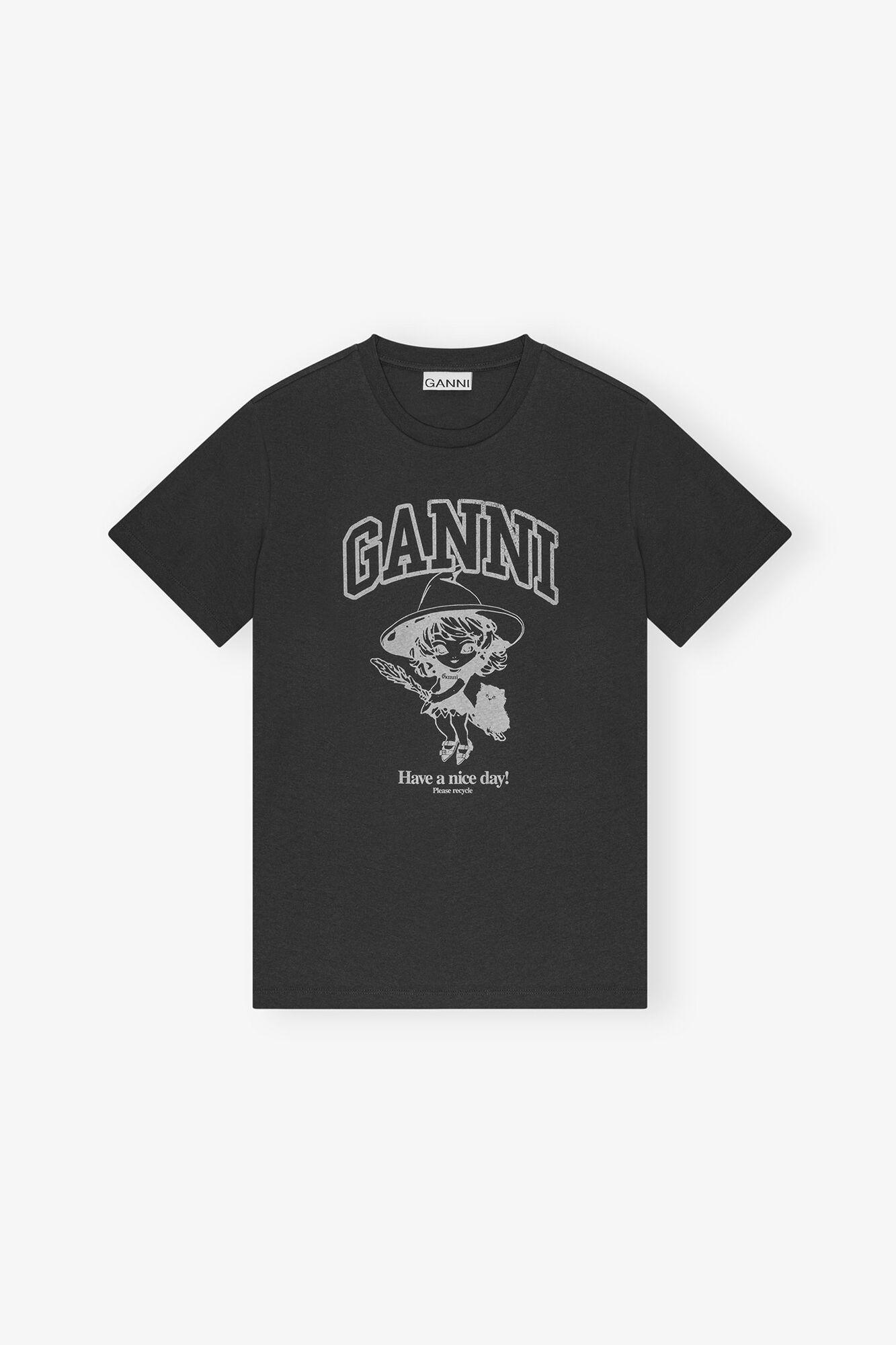 Black Basic Cotton Witch Relaxed T-shirt, Organic Cotton, in colour Phantom - 1 - GANNI