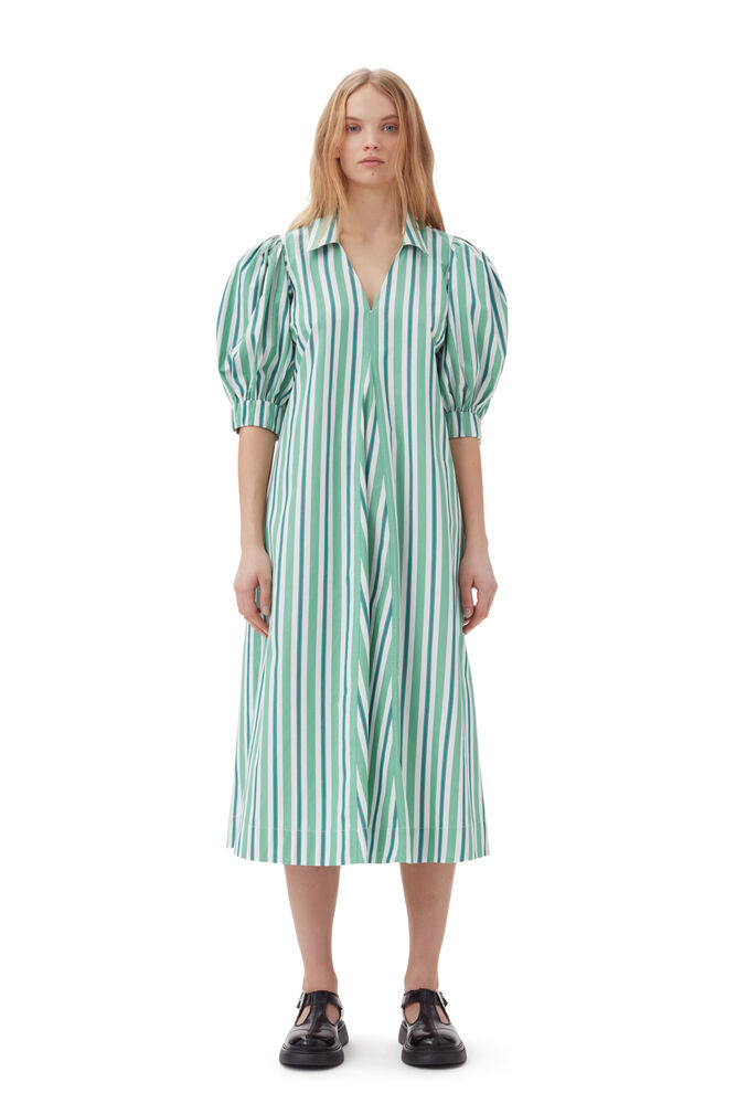 GANNI Green Striped Collar Long Dress,Creme de Menthe