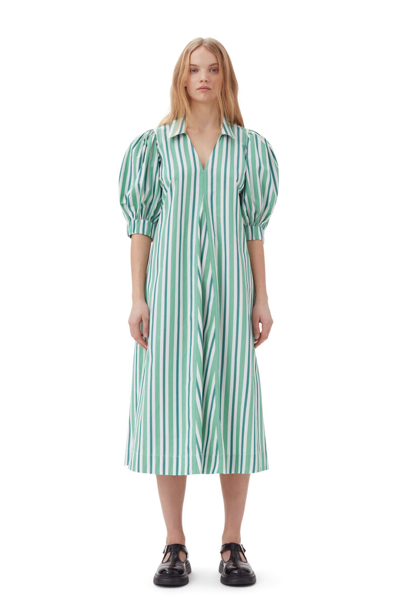 Green Striped Collar Long Kleid, Cotton, in colour Creme de Menthe - 1 - GANNI
