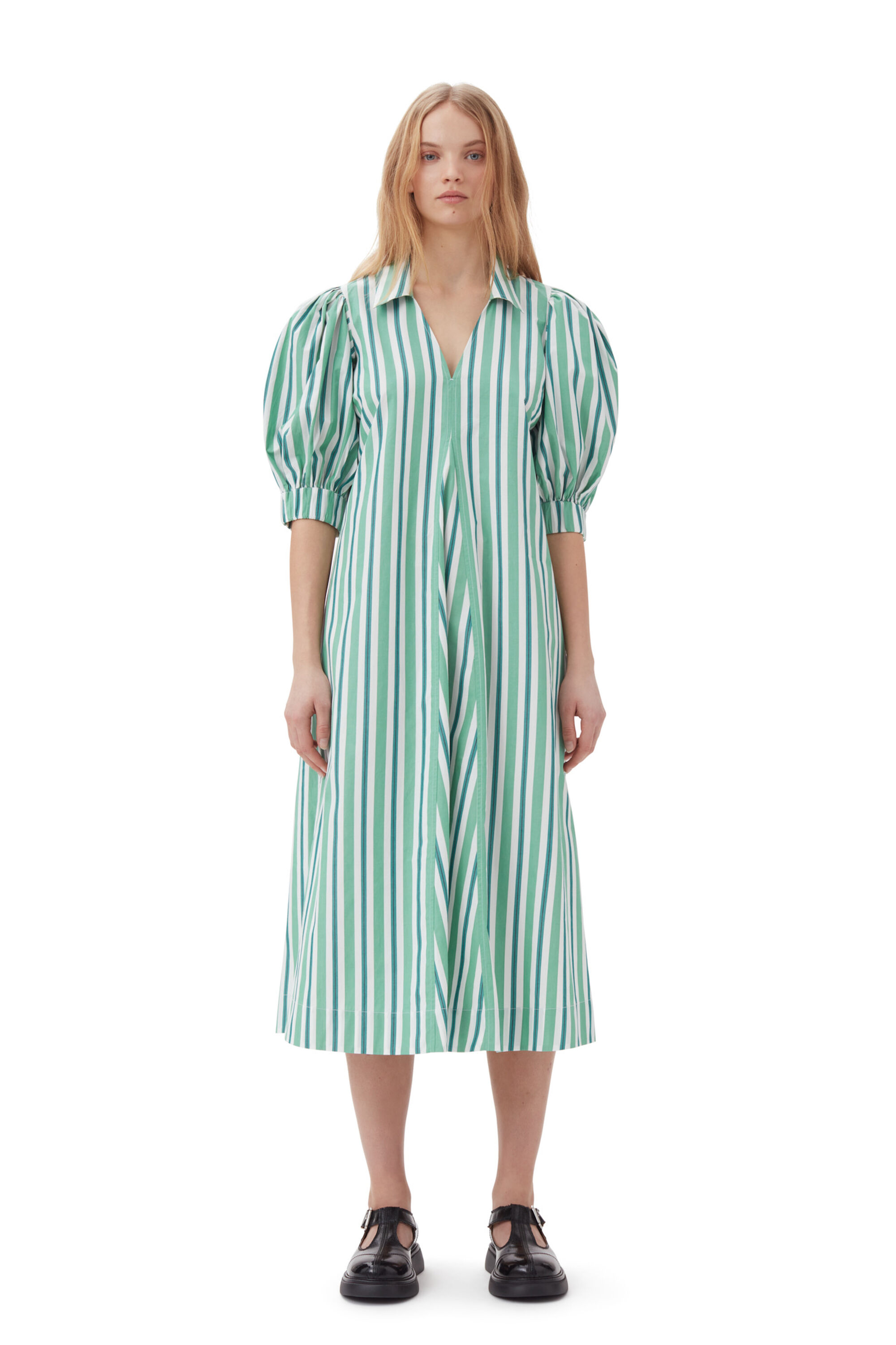 Creme de Menthe Green Striped Collar Long Kleid | GANNI DE