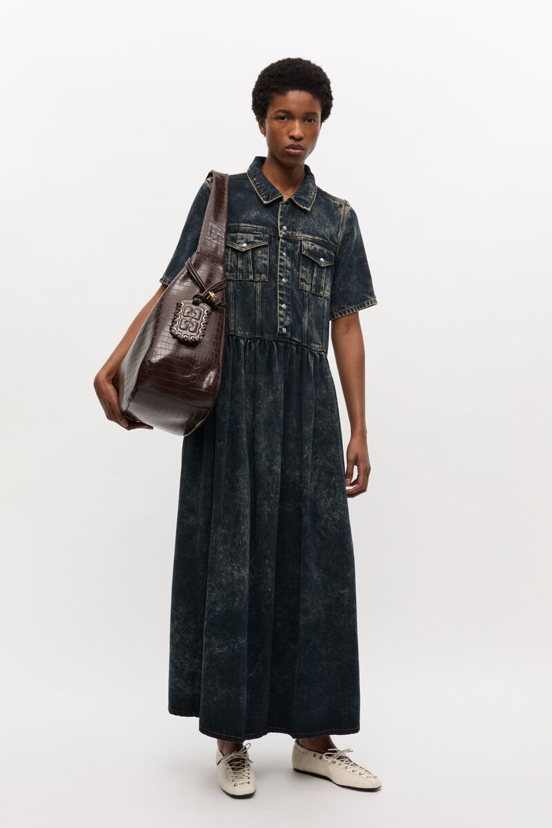 Brown Croco XXL Hobo Bag, Lyocell, in colour Chocolate Fondant - 1 - GANNI