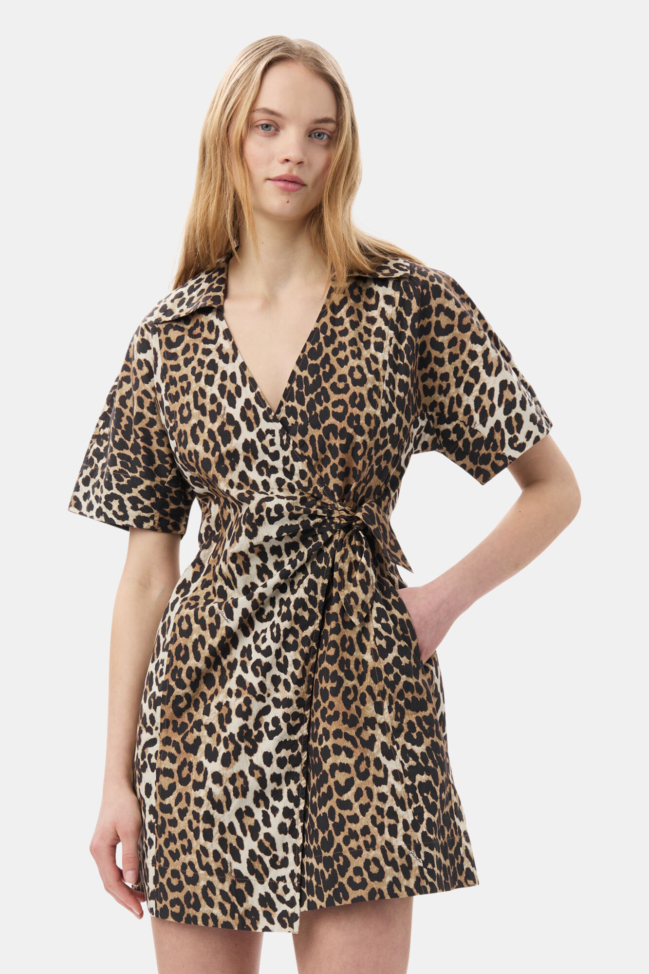 Leopard Printed Cotton Wrap Mini Dress, Cotton, in colour Leopard - 2 - GANNI