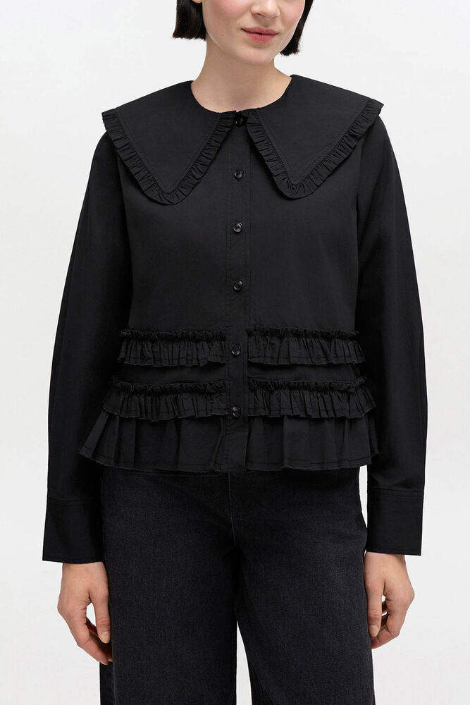 Stretch Cotton Ruffle Shirt, Black